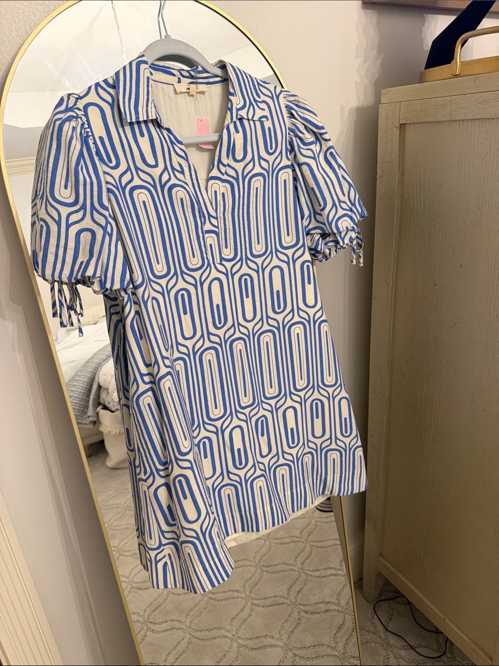 entro Blue & White Geometric Puff-Sleeve Tunic Dress
